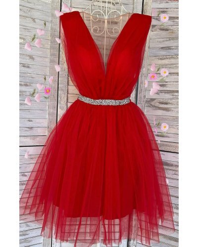 Rochie de ocazie eleganta scurta tul rosie baby doll Adelya Rochii rosii, Rochie de ocazie eleganta scurta tul rosie baby doll Adelya - jojofashion.ro