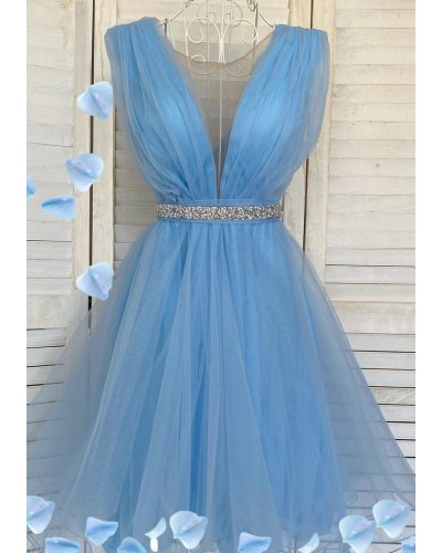 Rochie de ocazie eleganta scurta tul bleu baby doll Adelya Rochii cununie civila, Rochie de ocazie eleganta scurta tul bleu baby doll Adelya - jojofashion.ro