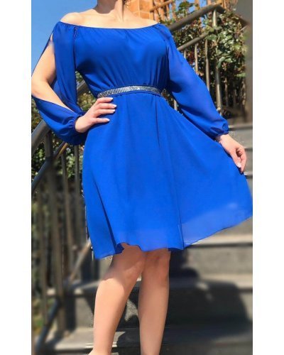Rochie scurta albastra din voal cu maneca lunga Larra Rochii scurte, Rochie scurta albastra din voal cu maneca lunga Larra - jojofashion.ro