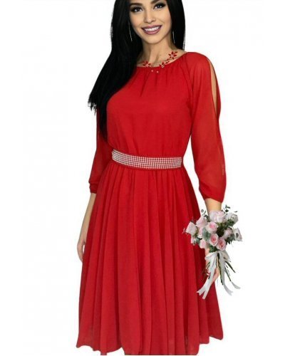 Rochie scurta rosie din voal cu maneca trei sferturi Larra Rochii scurte, Rochie scurta rosie din voal cu maneca trei sferturi Larra - jojofashion.ro