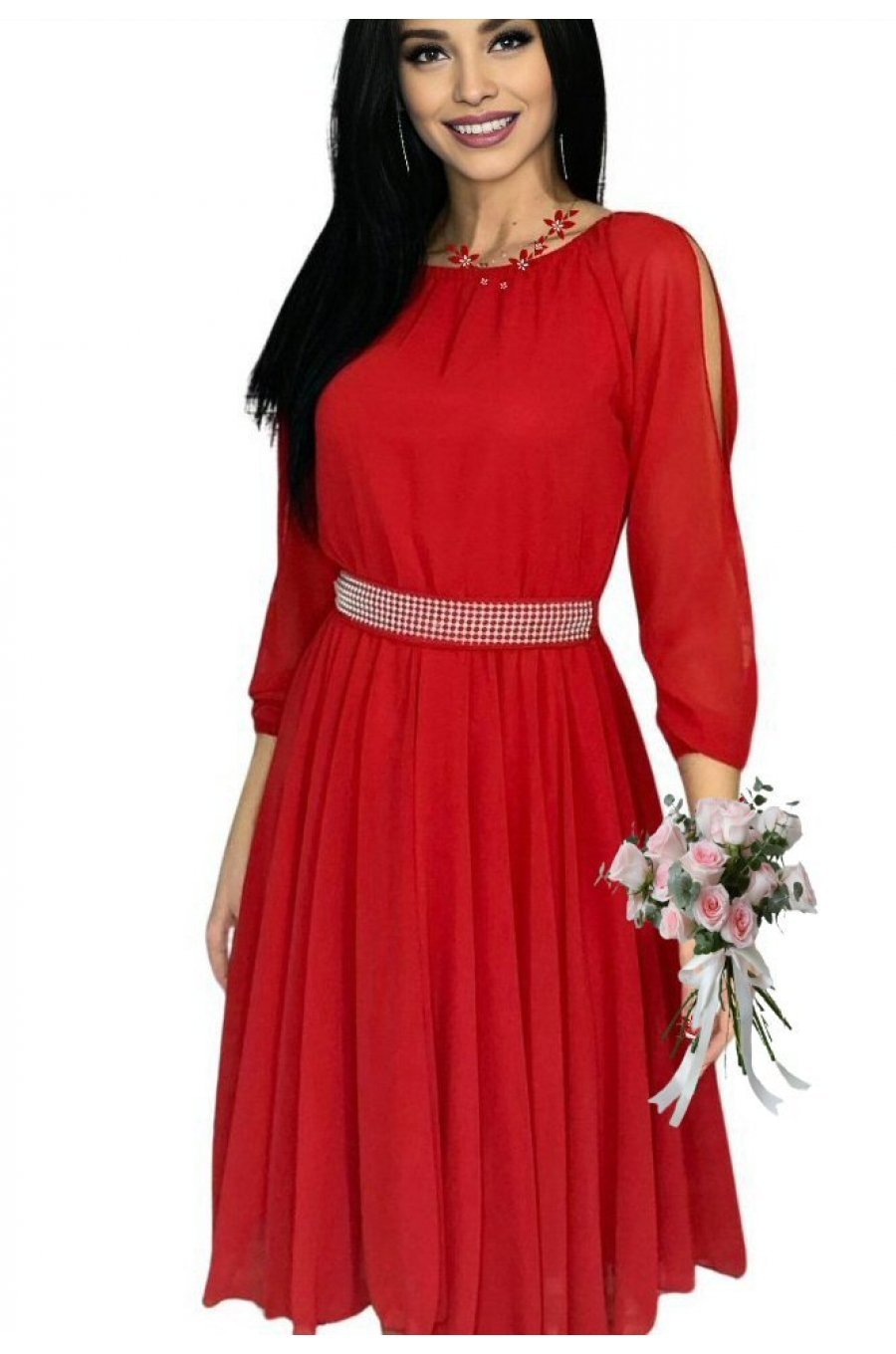 Rochie de ocazie scurta, din voal, rosie, cu maneca trei sferturi, Larra 1 - jojofashion.ro