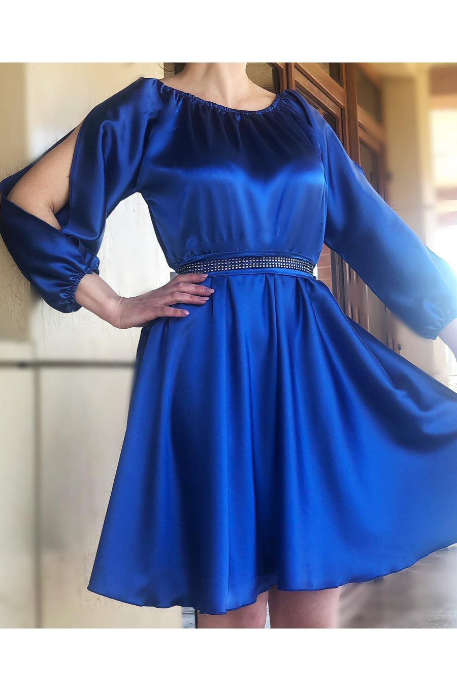 Rochie scurta din satin albastra babydoll cu umerii goi Calirroe  1 - jojofashion.ro
