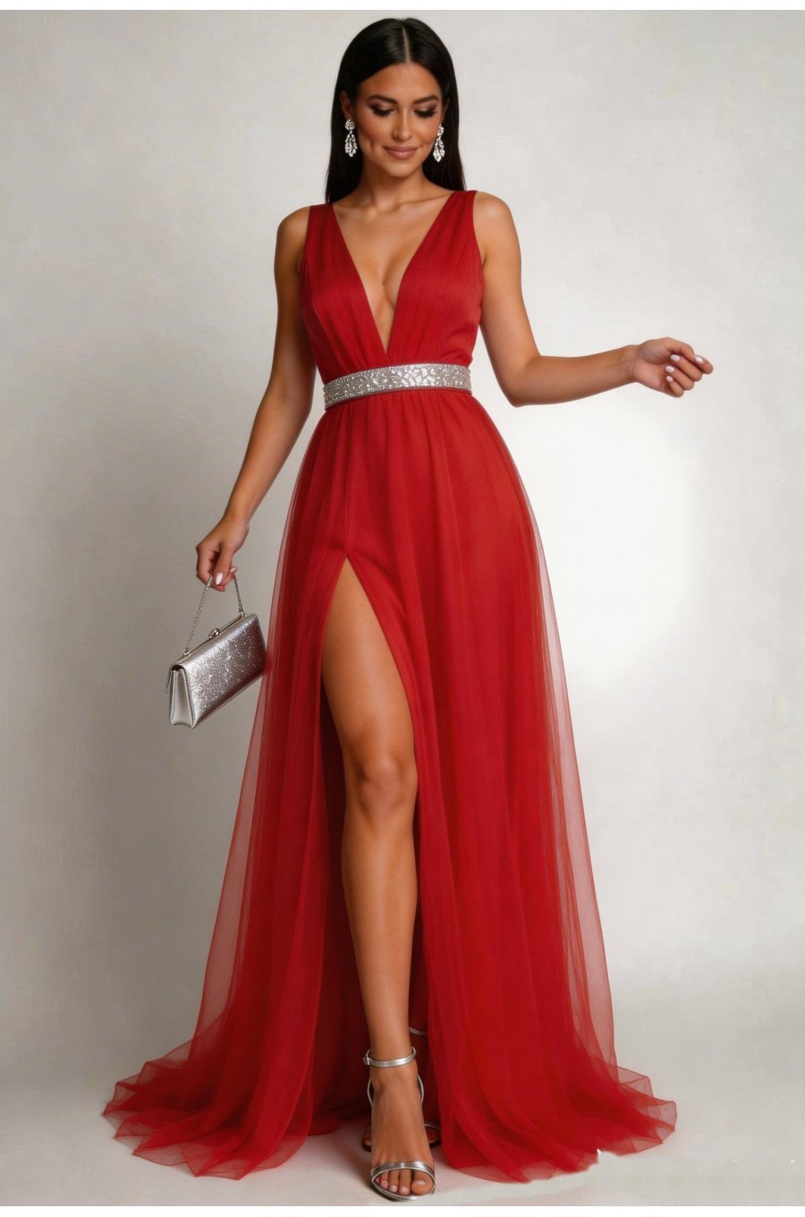 Rochie lunga rosie din tulle Adele 1 - jojofashion.ro