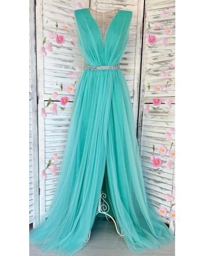 Rochie de seara eleganta lunga tul menta Adele Rochii lungi, Rochie de seara eleganta lunga tul menta Adele - jojofashion.ro