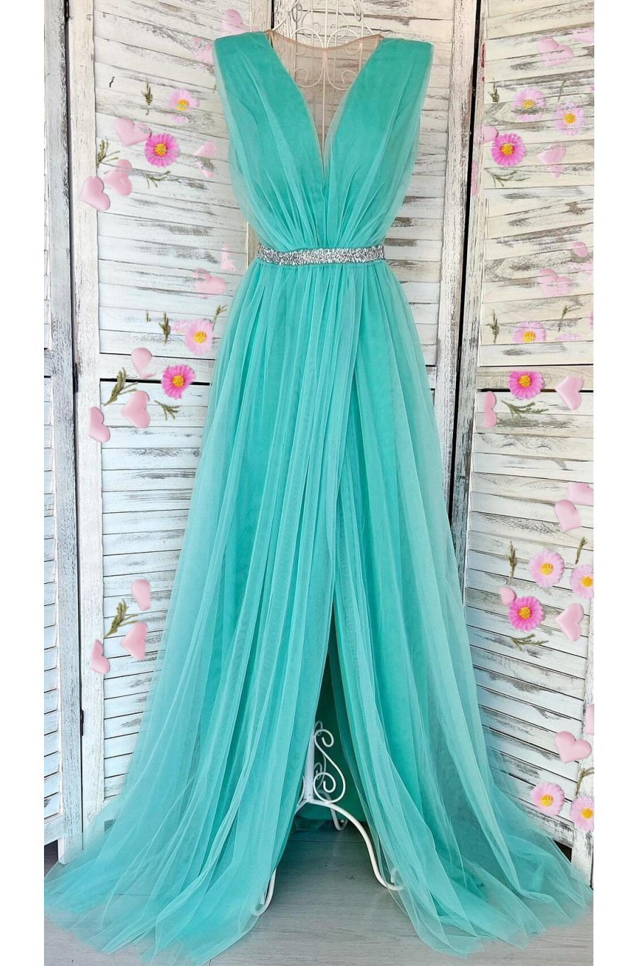 Rochie de seara eleganta lunga tul menta Adele 1 - jojofashion.ro