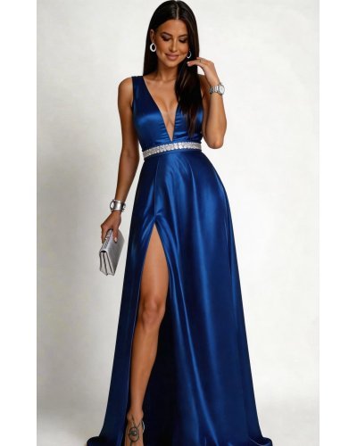 Rochie lunga albastra din tafta Carra - jojofashion.ro