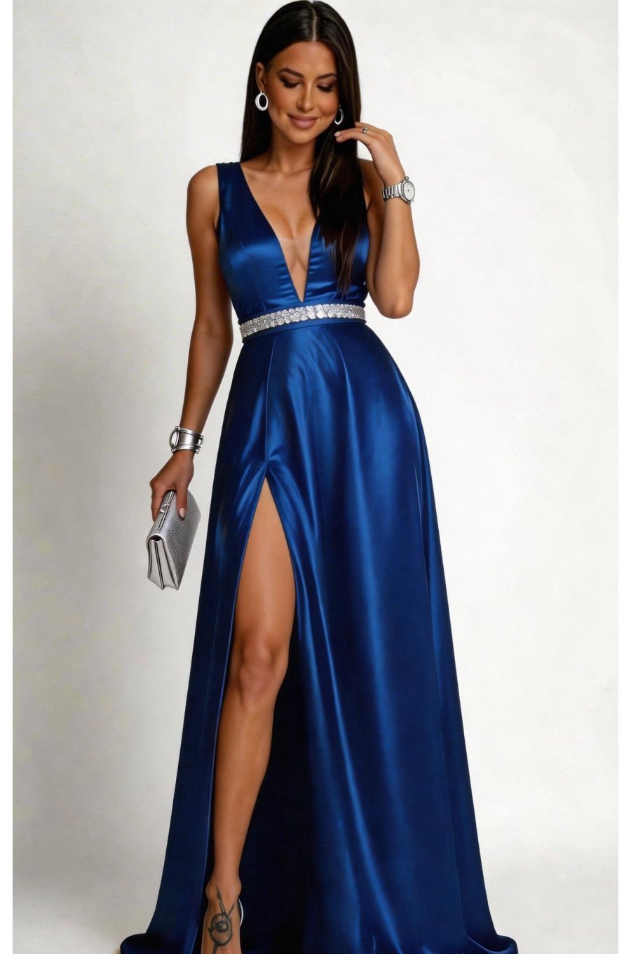 Rochie lunga albastra din tafta Carra 1 - jojofashion.ro