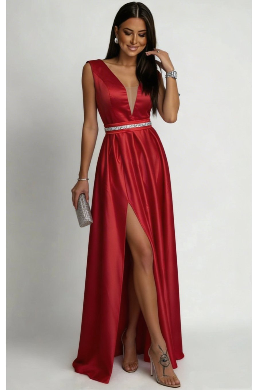 Rochie lunga rosie din tafta Carra 1 - jojofashion.ro