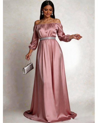 Rochii, Rochie eleganta de ocazie lunga din satin roz pal cu maneca lunga vaporoasa Larisa  - jojofashion.ro