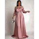 Rochie eleganta de ocazie lunga din satin roz pal cu maneca lunga vaporoasa Larisa  2 - jojofashion.ro
