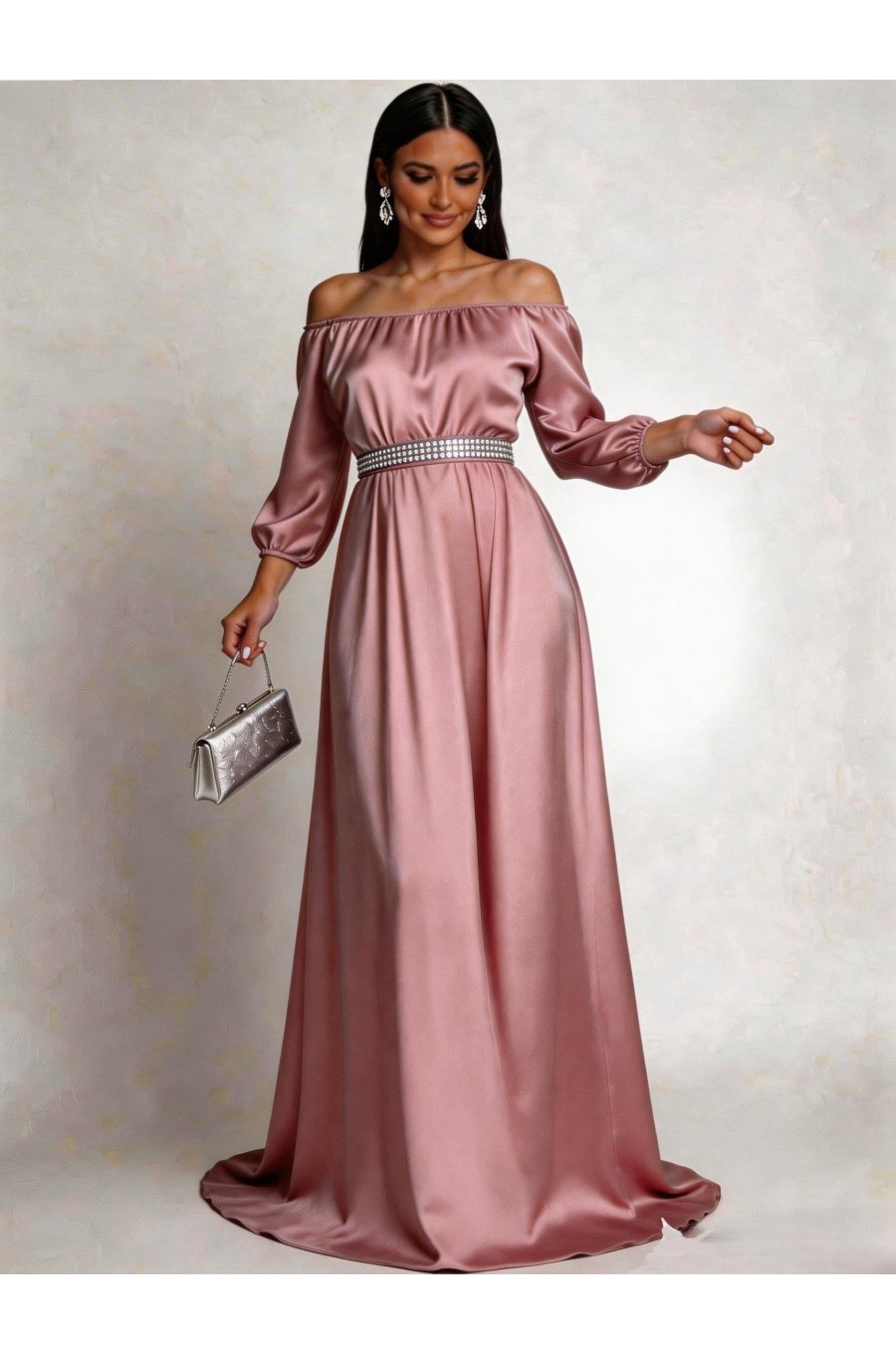 Rochie eleganta de ocazie lunga din satin roz pal cu maneca lunga vaporoasa Larisa  1 - jojofashion.ro