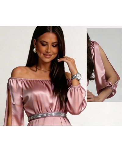 Rochii, Rochie eleganta de ocazie lunga din satin roz pal cu maneca lunga vaporoasa Larisa  - jojofashion.ro