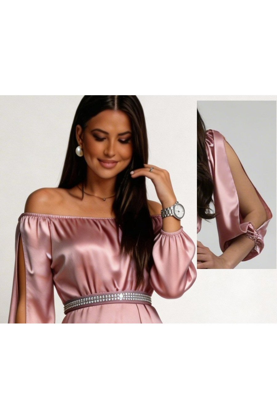 Rochie eleganta de ocazie lunga din satin roz pal cu maneca lunga vaporoasa Larisa  2 - jojofashion.ro