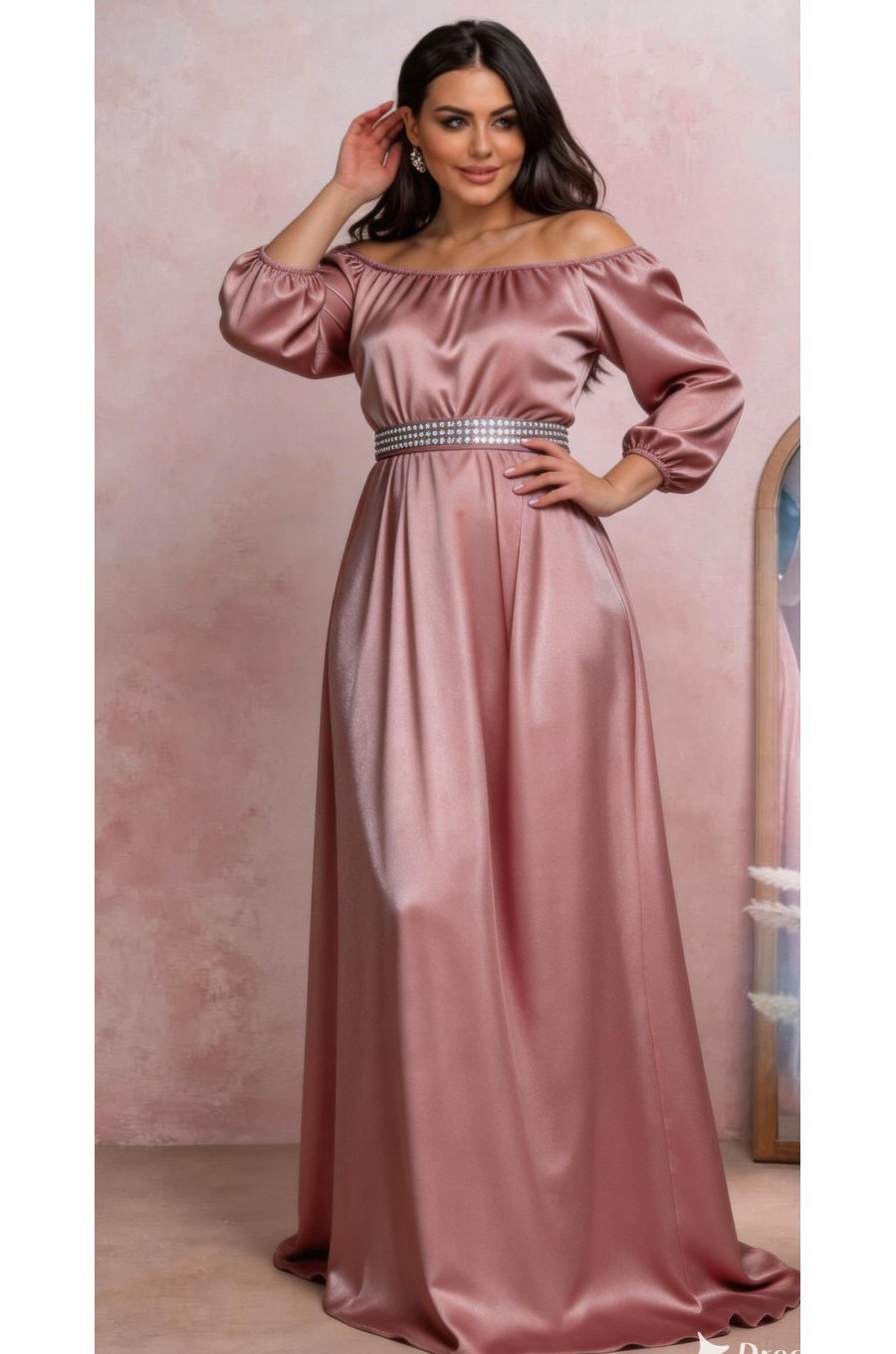 Rochie eleganta de ocazie lunga din satin roz pal cu maneca lunga vaporoasa Larisa  3 - jojofashion.ro