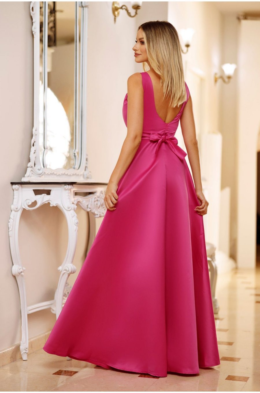 Rochie eleganta lunga, din tafta, roz fucsia, crapata pe picior, Carra 2 - jojofashion.ro