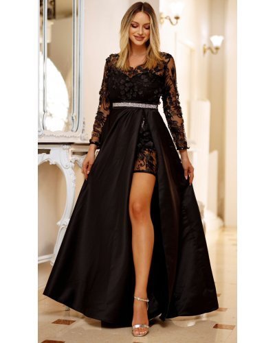 Rochie lunga din tafta neagra cu dantela 3D si maneci lungi Anysia - jojofashion.ro