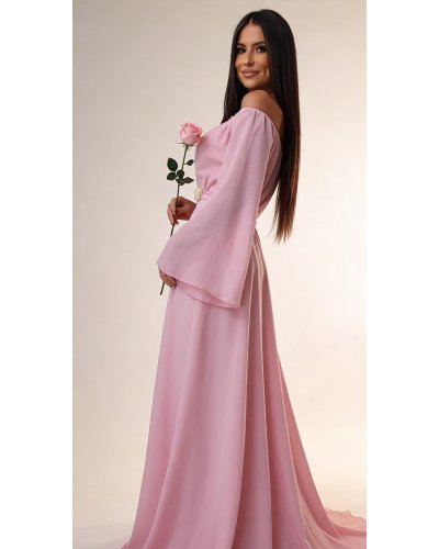 Rochie lunga din voal roz AngelD - jojofashion.ro
