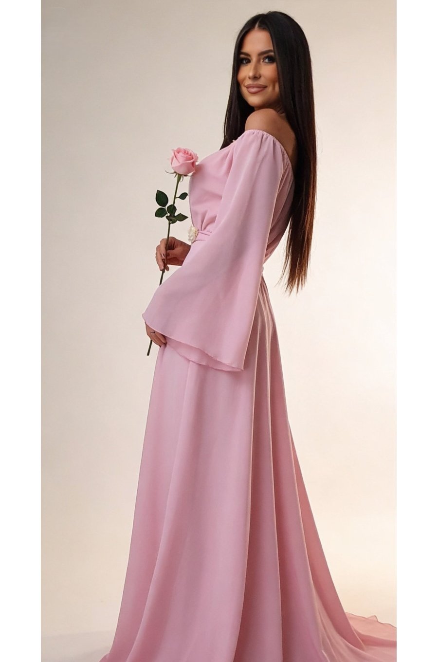 Rochie lunga din voal roz AngelD 2 - jojofashion.ro
