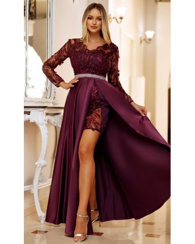 Rochie lunga din tafta mov pruna cu dantela 3D cu maneca lunga Anysia Rochii lungi, Rochie lunga din tafta mov pruna cu dantela 3D cu maneca lunga Anysia - jojofashion.ro
