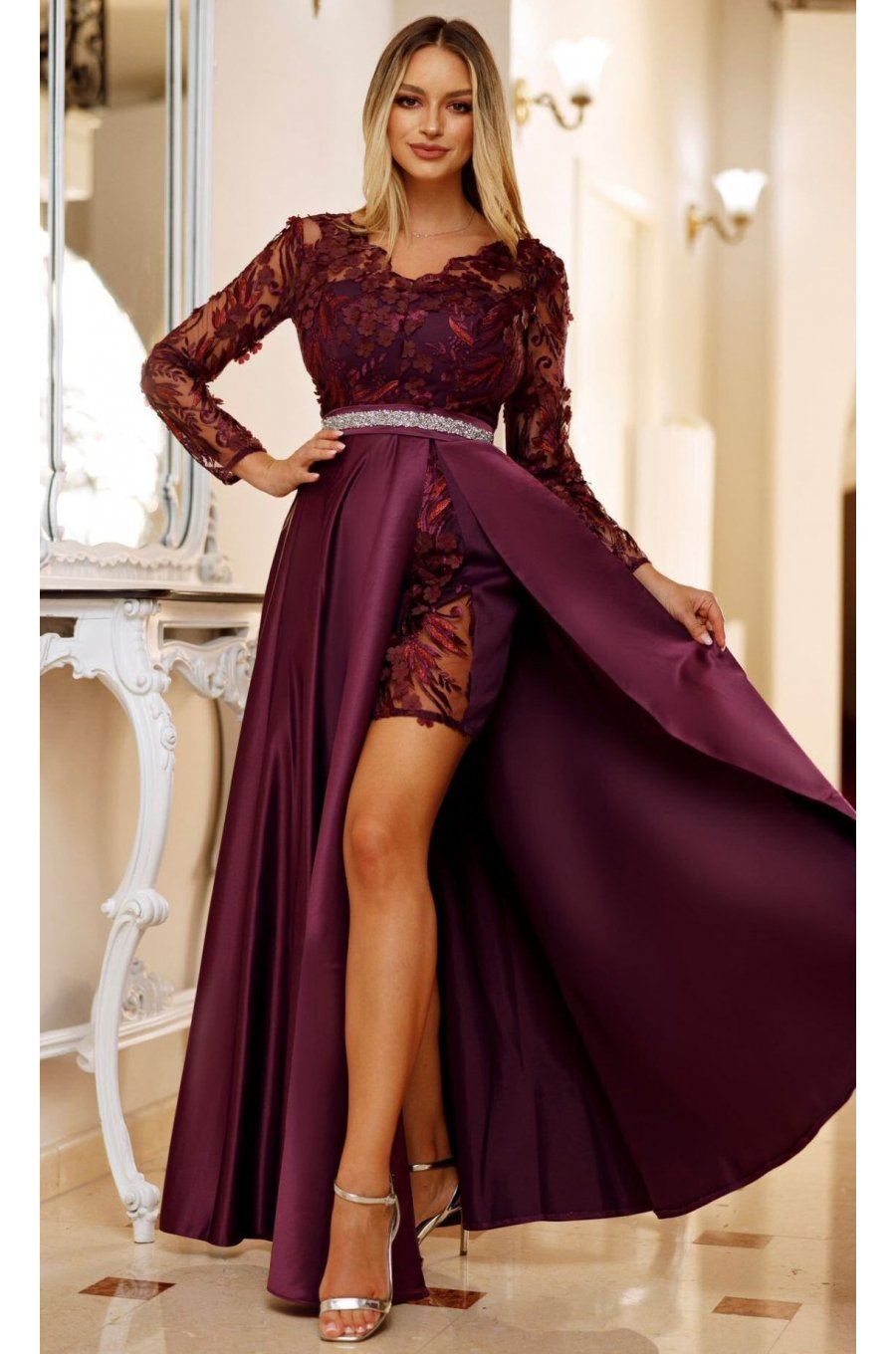 Rochie lunga din tafta mov pruna cu dantela 3D cu maneca lunga Anysia 1 - jojofashion.ro