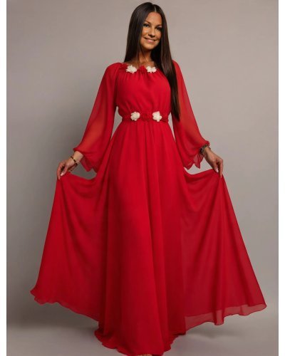 Rochii, Rochie rosie lunga din voal vaporoasa cu maneca evazata AngelD - jojofashion.ro
