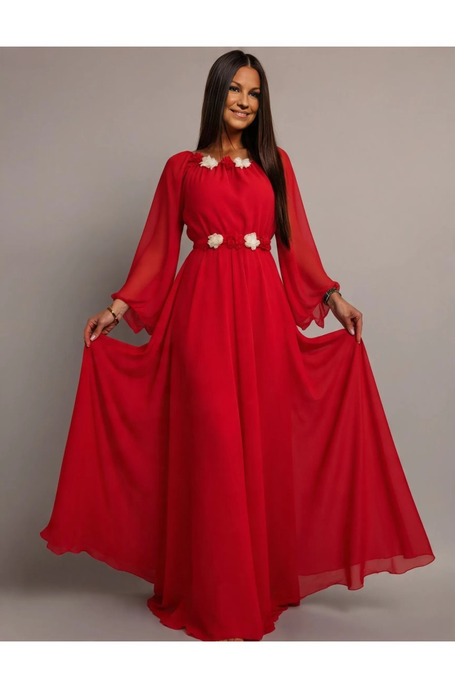 Rochie rosie lunga din voal vaporoasa cu maneca evazata AngelD 1 - jojofashion.ro