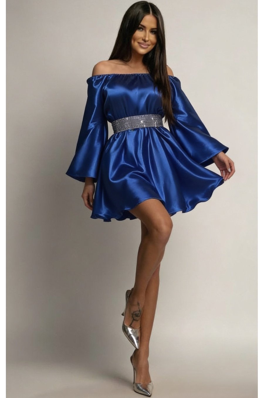 Rochie scurta albastra din satin babydoll vaporoasa Merida  1 - jojofashion.ro