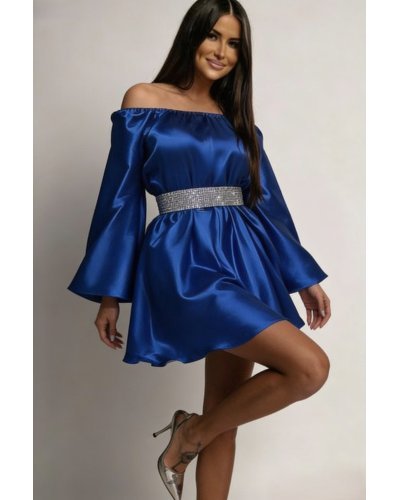Rochii banchet, Rochie scurta albastra din satin babydoll vaporoasa Merida  - jojofashion.ro