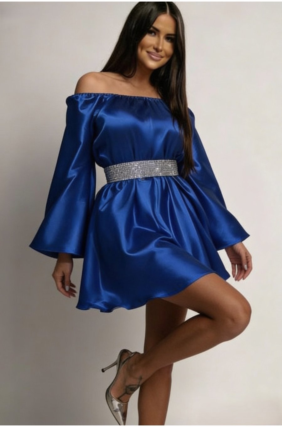 Rochie scurta albastra din satin babydoll vaporoasa Merida  2 - jojofashion.ro