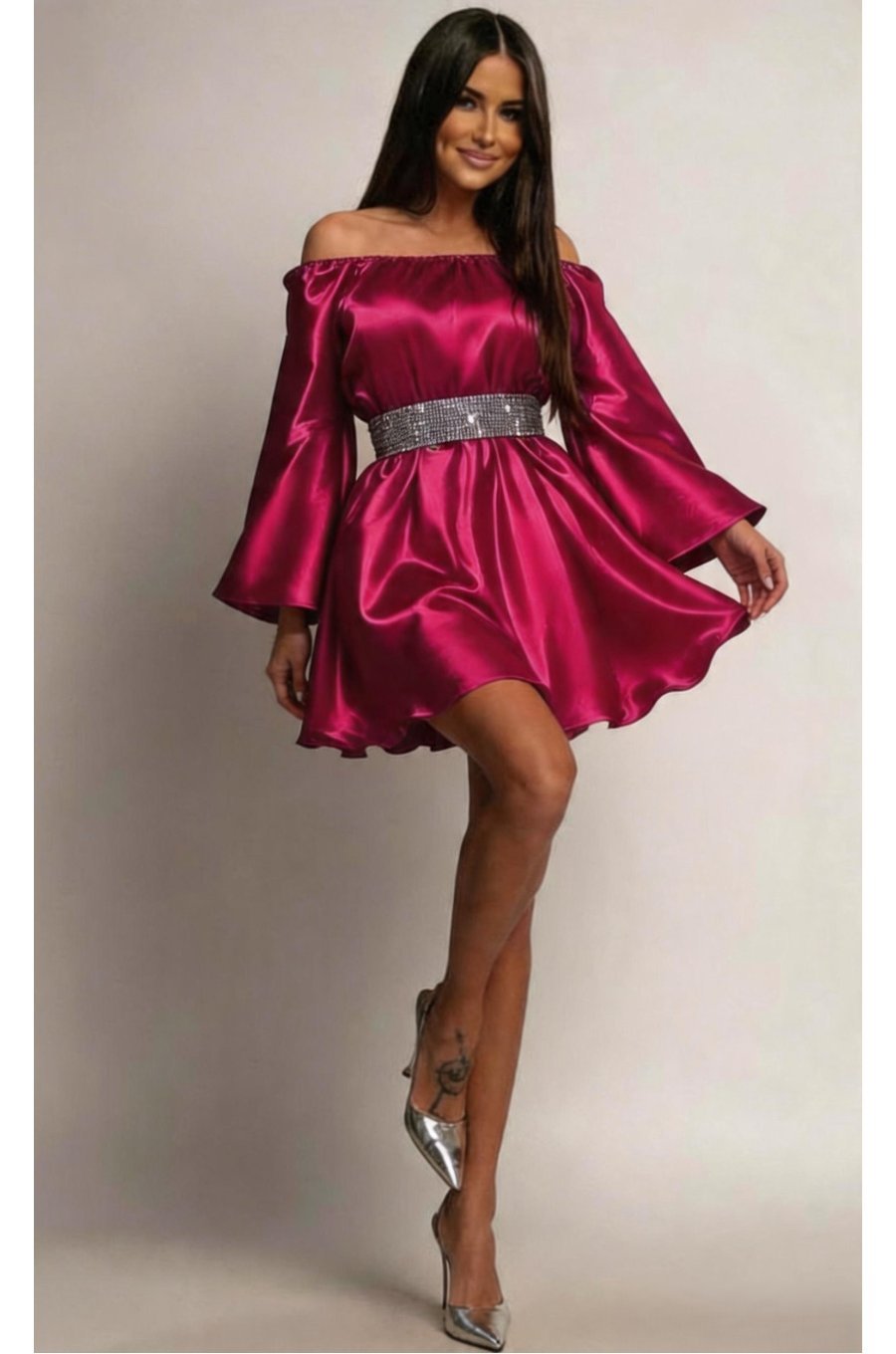 Rochie scurta babydoll rosie raspberry din satin vaporoasa Merida 1 - jojofashion.ro