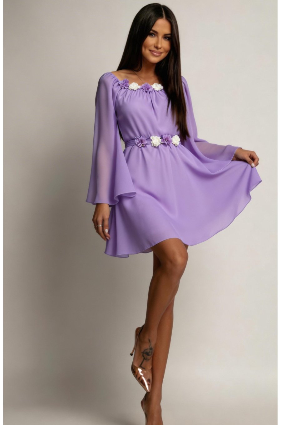 Rochie scurta lila din voal vaporoasa cu maneca lunga Raisa 1 - jojofashion.ro