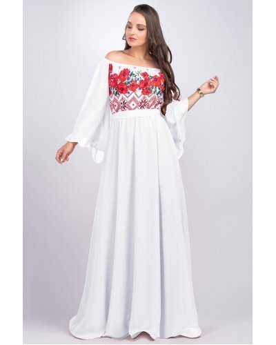 Rochie lunga cu motive traditionale alba cu maci rosii din voal vaporoasa Salomeea Rochie lunga cu motive traditionale alba cu maci rosii din voal vaporoasa Salomeea - jojofashion.ro