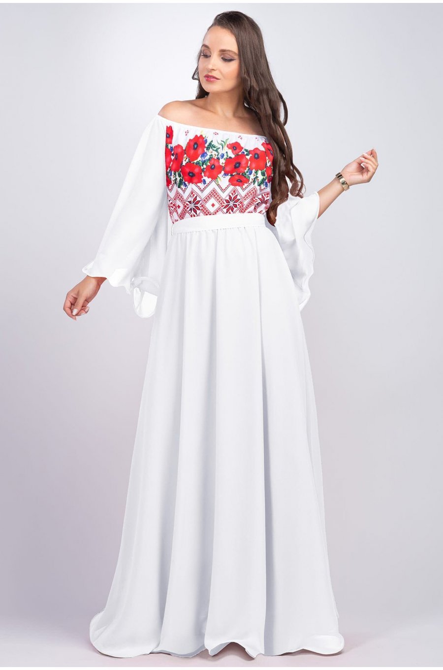 Rochie lunga cu motive traditionale alba cu maci rosii din voal vaporoasa Salomeea 1 - jojofashion.ro