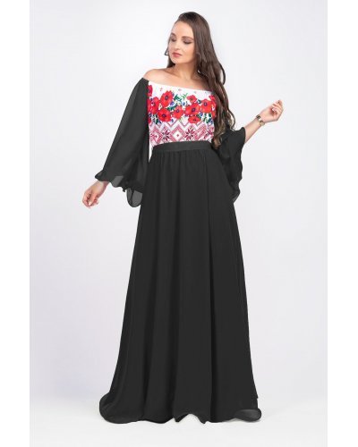 Rochie lunga neagra cu motive traditionale cu maci din voal vaporoasa Salomeea Rochie lunga neagra cu motive traditionale cu maci din voal vaporoasa Salomeea - jojofashion.ro