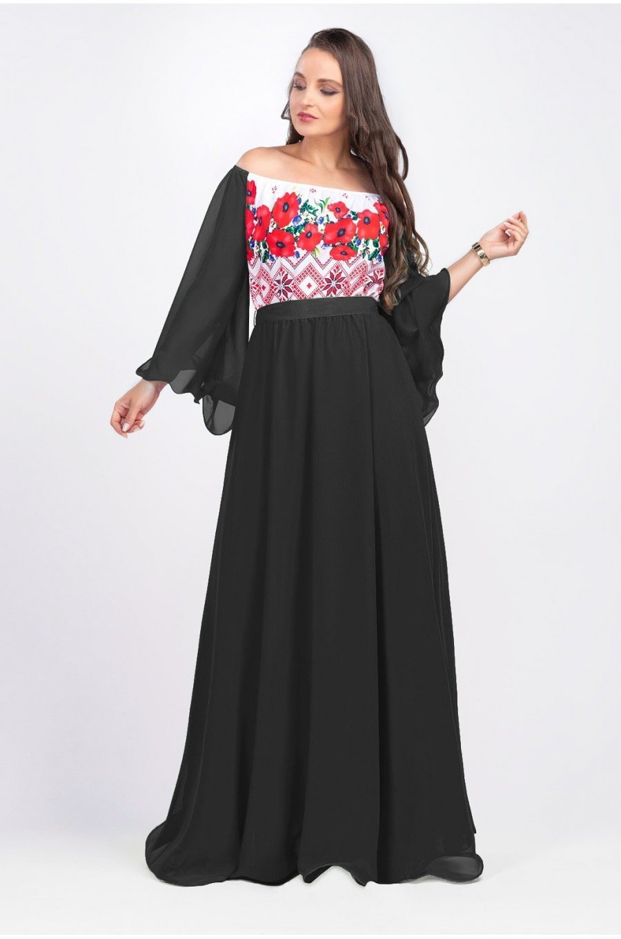 Rochie lunga neagra cu motive traditionale cu maci din voal vaporoasa Salomeea 1 - jojofashion.ro