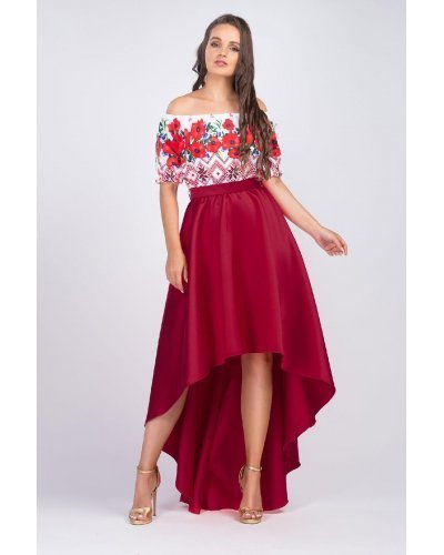 Rochie midi cu motive traditionale din tafta burgundy cu maci Byanca Rochie midi cu motive traditionale din tafta burgundy cu maci Byanca - jojofashion.ro