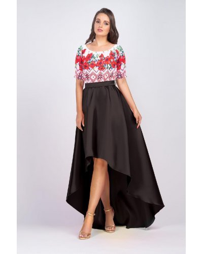 Rochie neagra cu motive traditionale din tafta cu maci Byanca Rochii de zi, Rochie neagra cu motive traditionale din tafta cu maci Byanca - jojofashion.ro