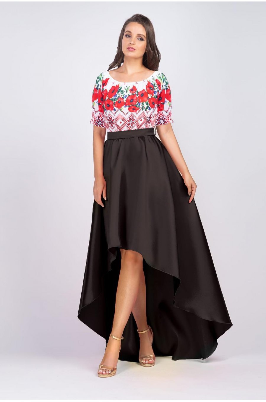 Rochie neagra cu motive traditionale din tafta cu maci Byanca 1 - jojofashion.ro