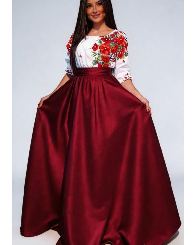 Rochii tafta, Rochie traditionala lunga tafta burgundy cu maci rosii Anna - jojofashion.ro