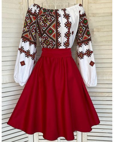 Rochii fabricate in Romania, Rochie traditionala midi, tafta rosie, cu maneca lunga, Korina - jojofashion.ro