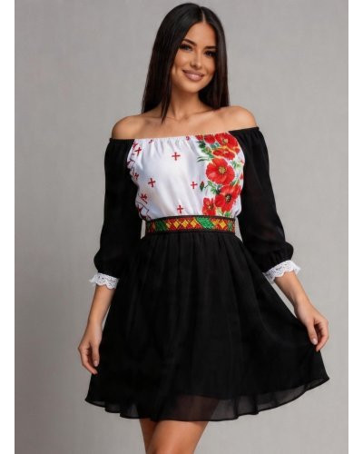 Rochii cu flori, Rochie scurta neagra cu maci din voal cu motive traditionale Loredana - jojofashion.ro