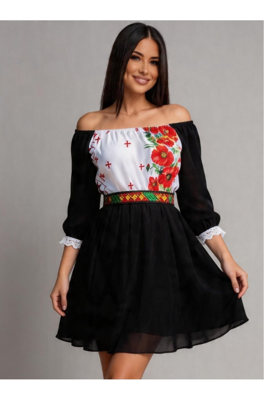 Rochie scurta neagra cu maci din voal cu motive traditionale Loredana 1 - jojofashion.ro