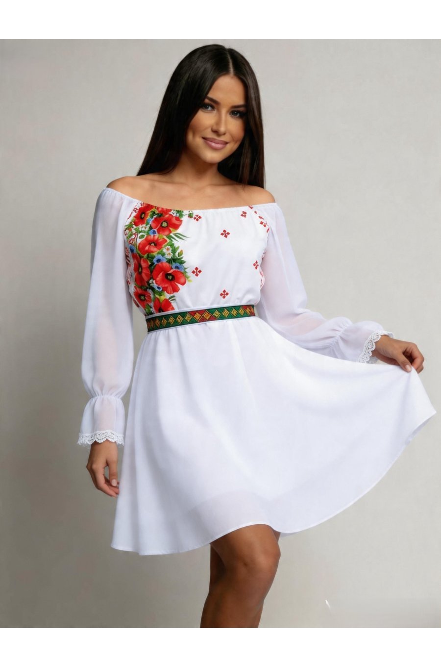 Rochie scurta alba cu maci cu motive traditionale din voal Loredana 1 - jojofashion.ro