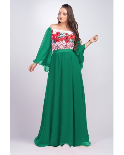 Rochie traditionala eleganta lunga verde cu maci rosii cu maneci clopot Salomeea - jojofashion.ro