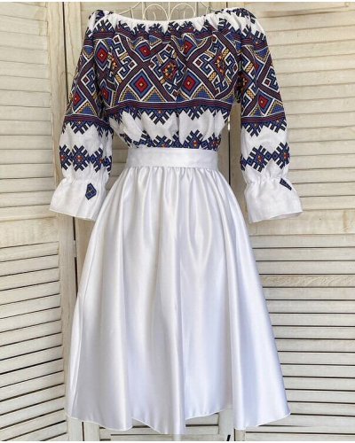 Rochie traditonala midi, din tafta alba, cu maneca lunga, Alessa Rochii albe, Rochie traditonala midi, din tafta alba, cu maneca lunga, Alessa - jojofashion.ro