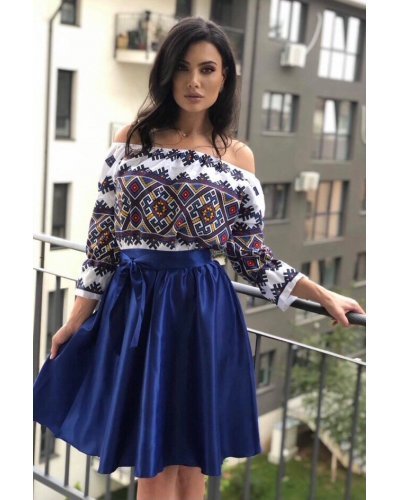 Rochii albastre, Rochie traditonala midi, din tafta albastra, cu maneca lunga, Alessa - jojofashion.ro