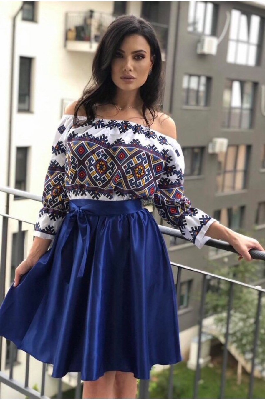 Rochie traditonala midi, din tafta albastra, cu maneca lunga, Alessa 1 - jojofashion.ro