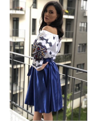 Rochii albastre, Rochie traditonala midi, din tafta albastra, cu maneca lunga, Alessa - jojofashion.ro