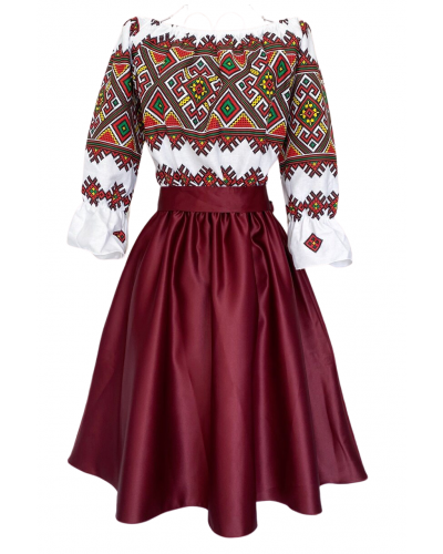 Rochie traditonala midi, din tafta burgundy, cu maneca lunga, Alessa Rochii burgundy, Rochie traditonala midi, din tafta burgundy, cu maneca lunga, Alessa - jojofashion.ro