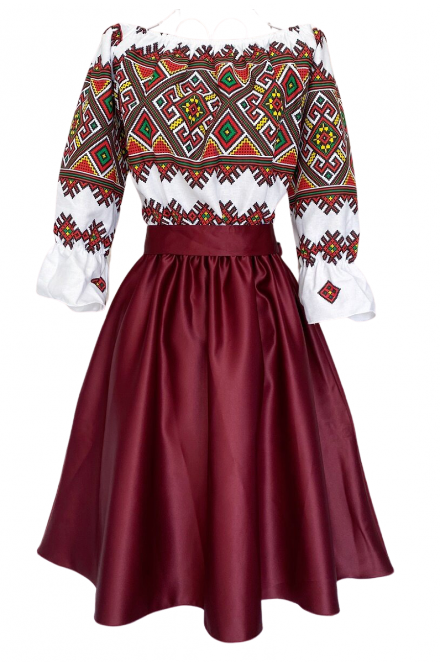 Rochie traditonala midi, din tafta burgundy, cu maneca lunga, Alessa 1 - jojofashion.ro